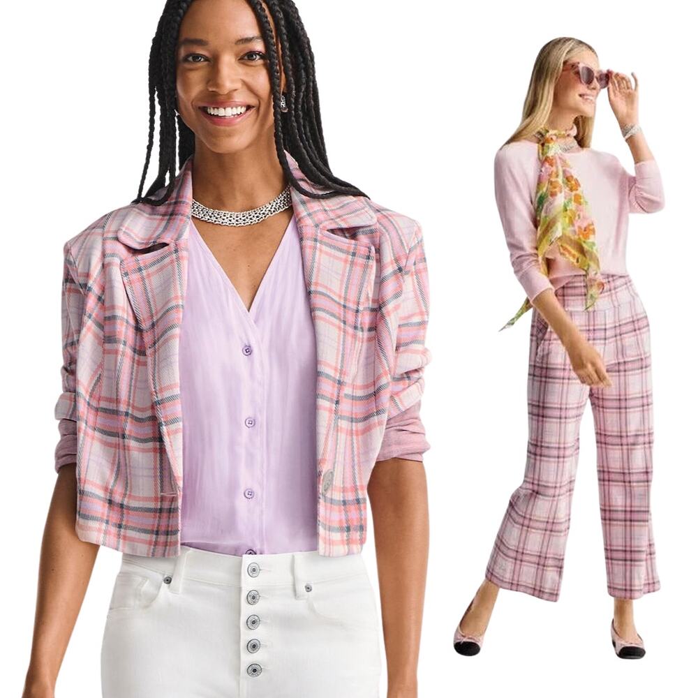 CAbi Playdate Crop Jacket + Pant Set Plaid Cheer Pink M Coquette Preppy Pastel